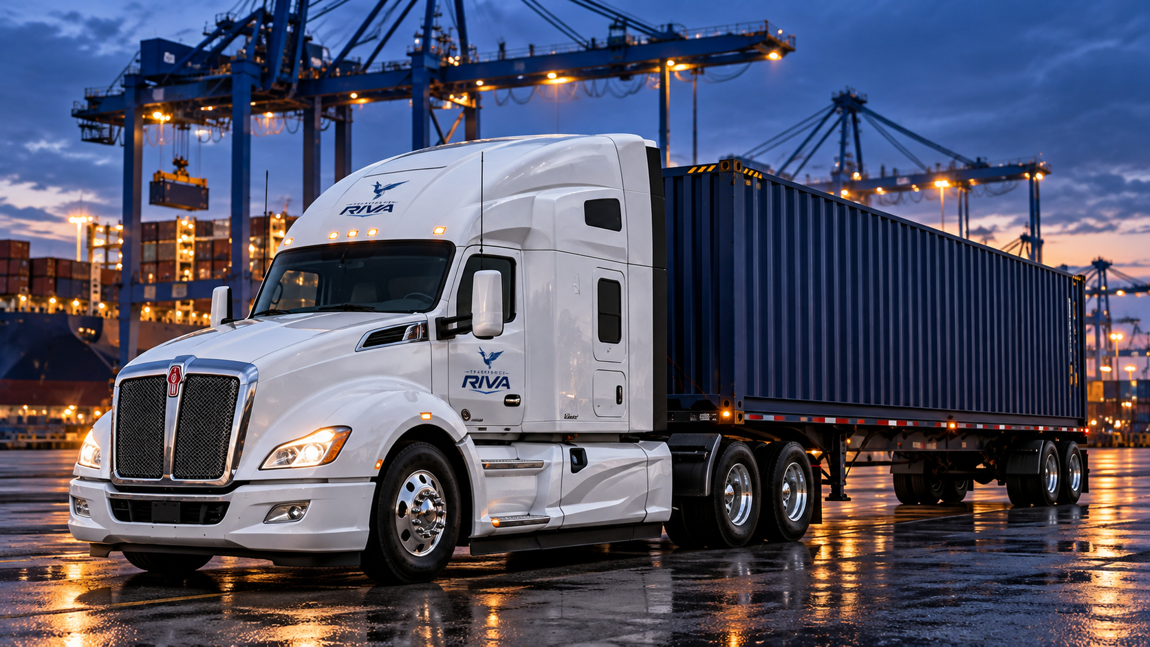 Imagen conceptual: Kenworth con contenedor y rotulación Transportes RIVA